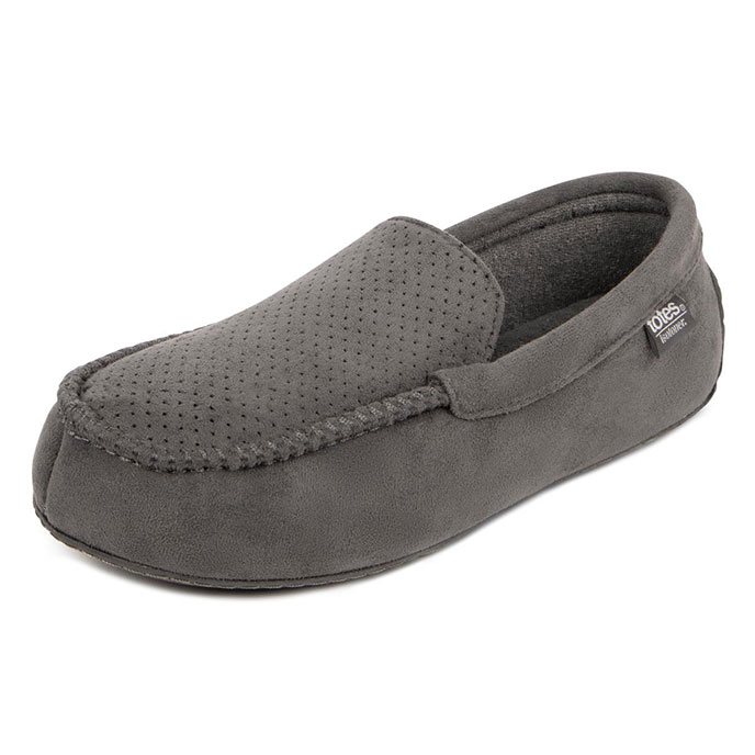 Isotoner® Mens Airtex Suedette Moccasin Slippers Grey Extra Image 2